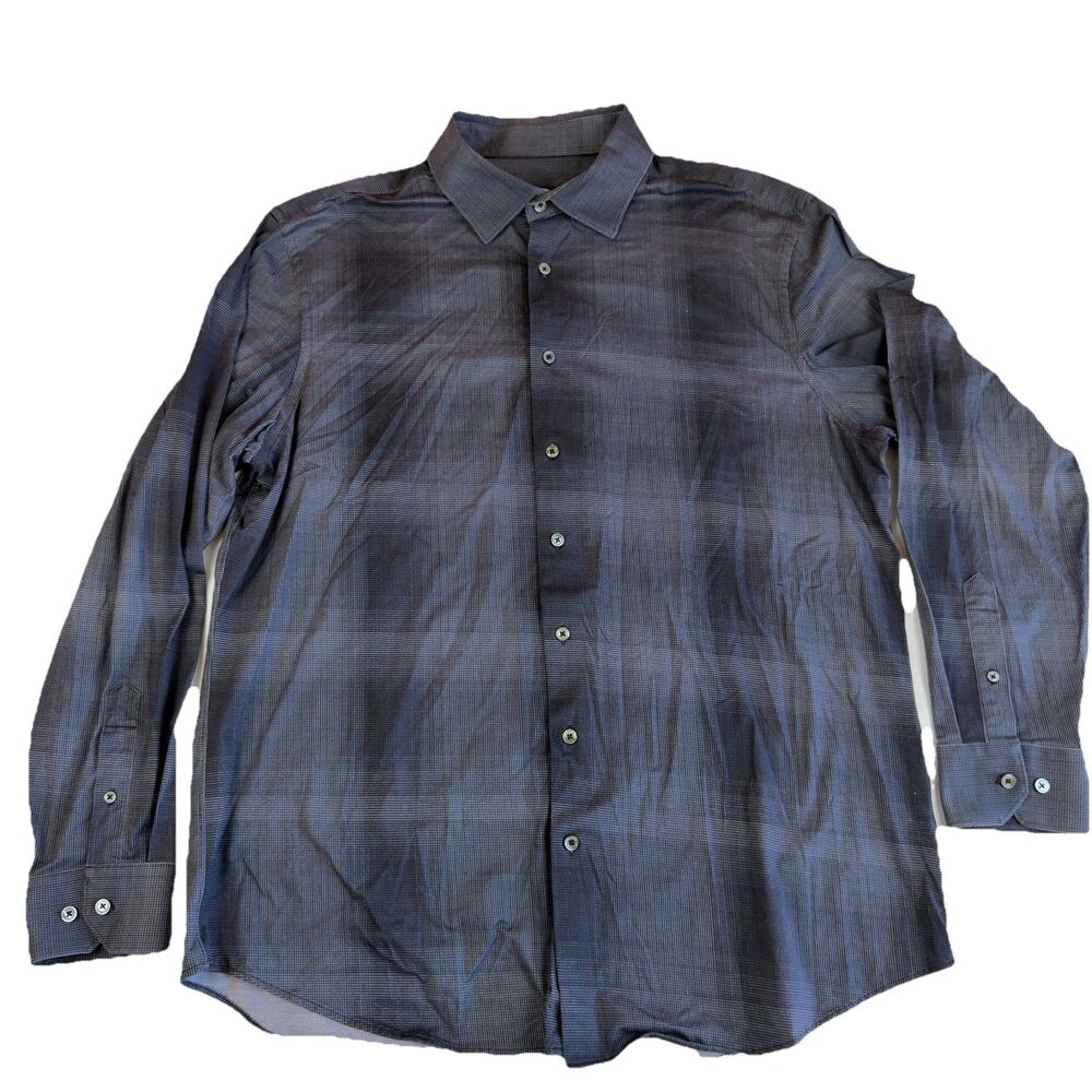 Bugatchi OoohCotton Tech 8 Way Stretch Shirt Mens XL Black, Gray Abstract Plaid